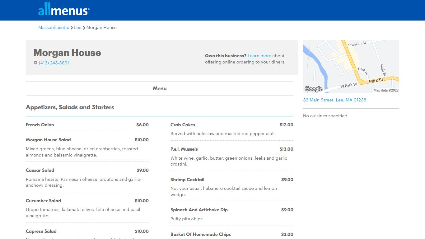 Morgan House menu - Lee MA 01238 - (413) 243-3661 - Allmenus