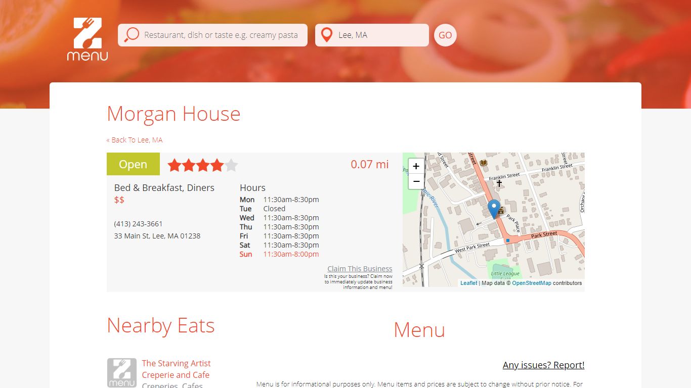 Online Menu of Morgan House Restaurant, Lee, Massachusetts, 01238 - Zmenu